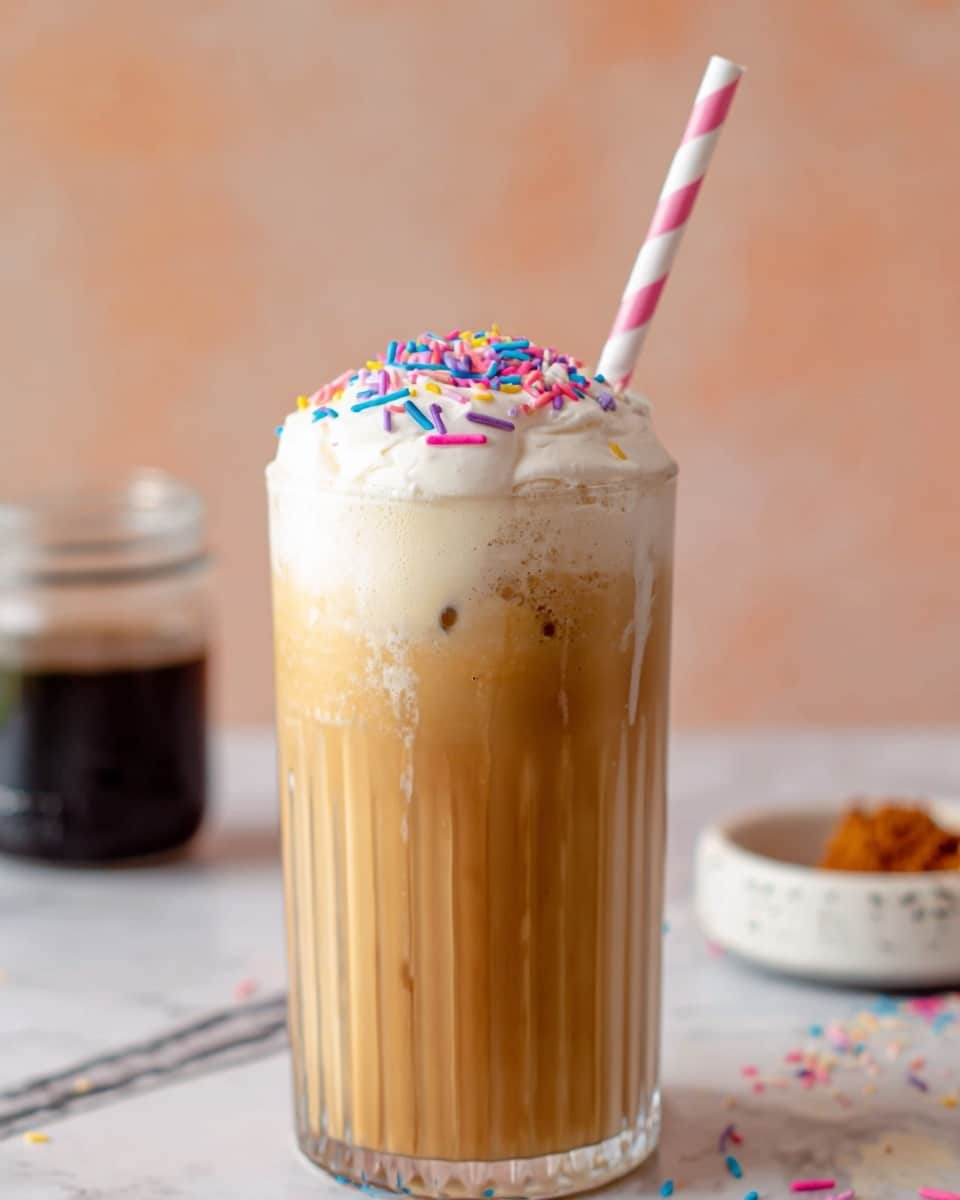 A tall clear glass filled with a light brown coffee drink, topped with thick white foam that slightly drips down the sides. The foam is sprinkled with colorful, small cylindrical sprinkles in pink, blue, purple, and yellow. A striped pink and white paper straw is placed in the foam, leaning slightly to the right. The background is a soft, blurred peach color, and there is a small jar of dark liquid and a blurred white dish with brown crumbs beside the glass on a white marbled surface. photo taken with an iphone --ar 4:5 --v 7