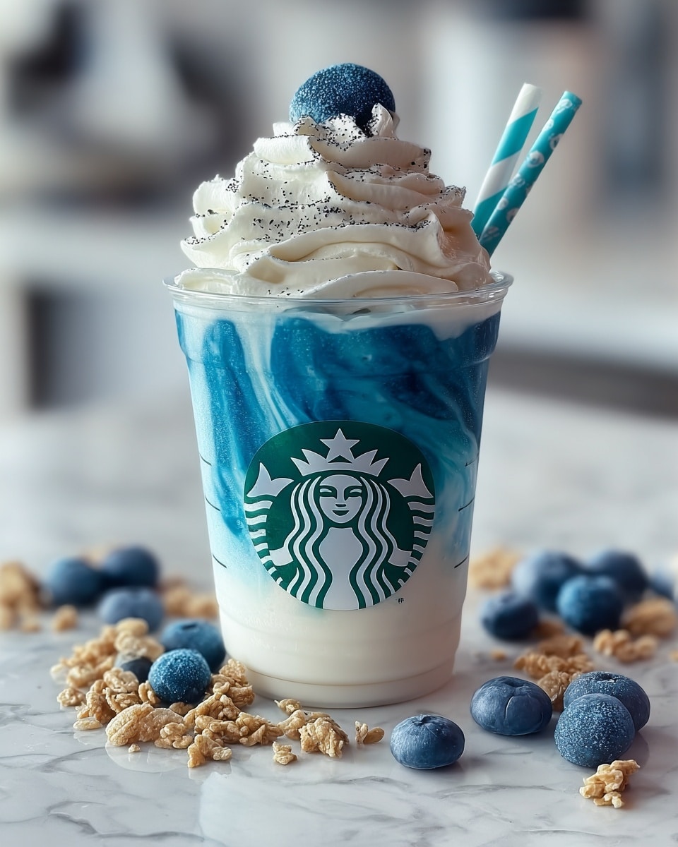 A clear cup with the Starbucks logo holds a three-layered drink with a white base, a swirling blue layer in the middle that blends upward into the white, and a thick, fluffy white whipped cream layer piled high on top with a light dusting of black specks. A single blue sugared berry sits at the peak of the whipped cream. A blue and white striped straw sticks out from the whipped cream. Around the cup on a white marbled surface are scattered blue sugared berries and small clusters of granola. The background is softly blurred, highlighting the cup. Photo taken with an iphone --ar 4:5 --v 7
