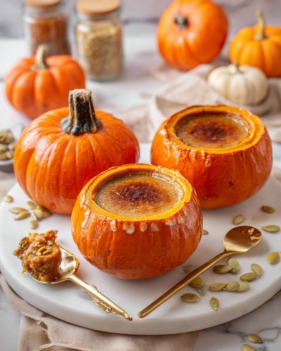 The image shows three small bright orange pumpkins hollowed out and filled with smooth pumpkin custard. The custard inside is a rich golden yellow color, with a slightly caramelized, darker brown top layer that looks crisp and speckled. The pumpkins sit closely together on a white marbled surface. Around the pumpkins, there are a few scattered light-colored pumpkin seeds, two cinnamon sticks on the right side, and a small wooden bowl holding orange pumpkin spice in the blurred background. The overall look is warm, cozy, and autumn-themed. Photo taken with an iphone --ar 4:5 --v 7