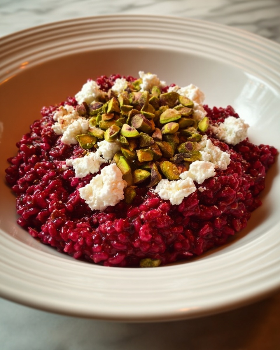 The dish is served in a white bowl with ridged edges, placed on a white marbled surface. The bottom layer is a rich, deep red risotto, densely packed and showing a slightly glossy texture. On top of the risotto, there are scattered small chunks of white cheese which contrast brightly against the red. The cheese pieces have a crumbly texture. Finally, the center of the dish is topped with a generous handful of whole green pistachios, adding a pop of earth tone color and a crunchy texture, arranged in a small pile. Photo taken with an iphone --ar 4:5 --v 7
