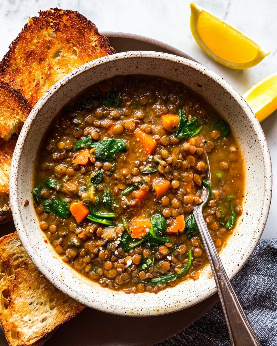 A speckled white bowl filled with thick lentil soup showing three main layers: a brownish base of cooked lentils with a slightly creamy texture, scattered bright orange carrot cubes, and chopped dark green spinach leaves sitting on top and throughout the soup; a silver spoon is partially submerged on the right side. The bowl sits on a light beige cloth with toasted pieces of bread placed beside it on a white marbled surface. Photo taken with an iphone --ar 4:5 --v 7