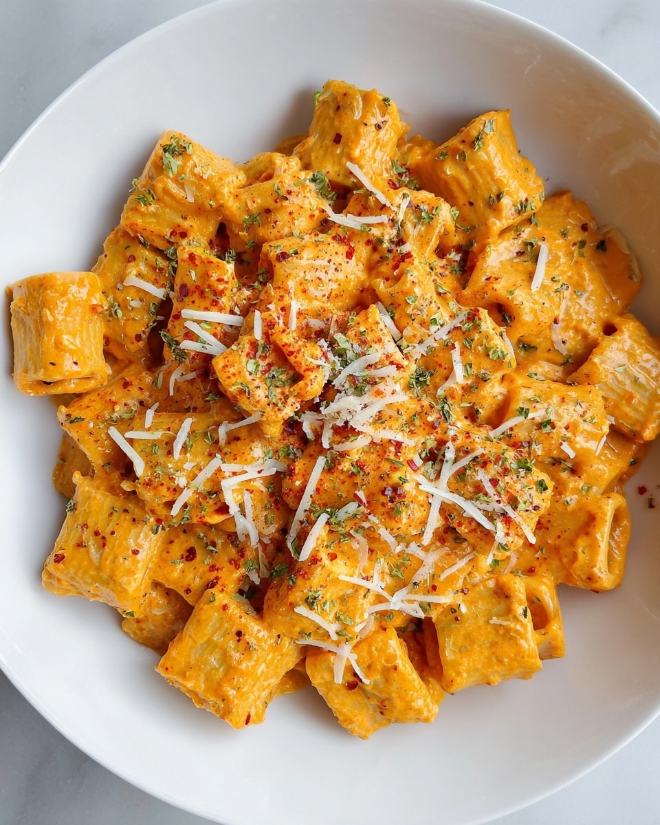 This image shows a close-up of a white bowl filled with about two layers of rigatoni pasta coated in a creamy, orange-colored sauce. The pasta pieces are square and tube-shaped, with the sauce covering them evenly, making them look smooth and shiny. On top, there is a light sprinkle of thin, white shredded cheese and small green herb flakes scattered throughout, adding texture and color contrast. The background shows a blurred white marbled surface and a soft white cloth with an orange pumpkin-shaped object in the distance. photo taken with an iphone --ar 4:5 --v 7