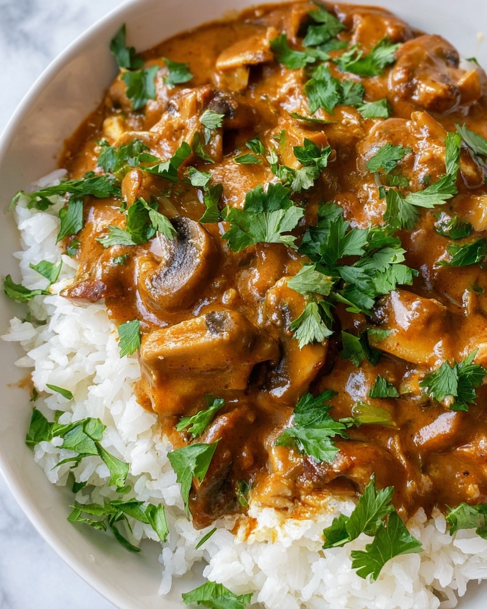 This image shows a white bowl filled with two main layers: the bottom layer is soft, white rice with a fluffy texture, and the top layer is a rich, brown sauce with chunks of cooked mushroom pieces mixed in. The sauce looks smooth and creamy, covering the mushrooms and some small bits of onion. Bright green parsley leaves are scattered on top, adding a fresh contrast to the warm colors of the dish. The dish is placed on a white marbled surface. Photo taken with an iphone --ar 4:5 --v 7