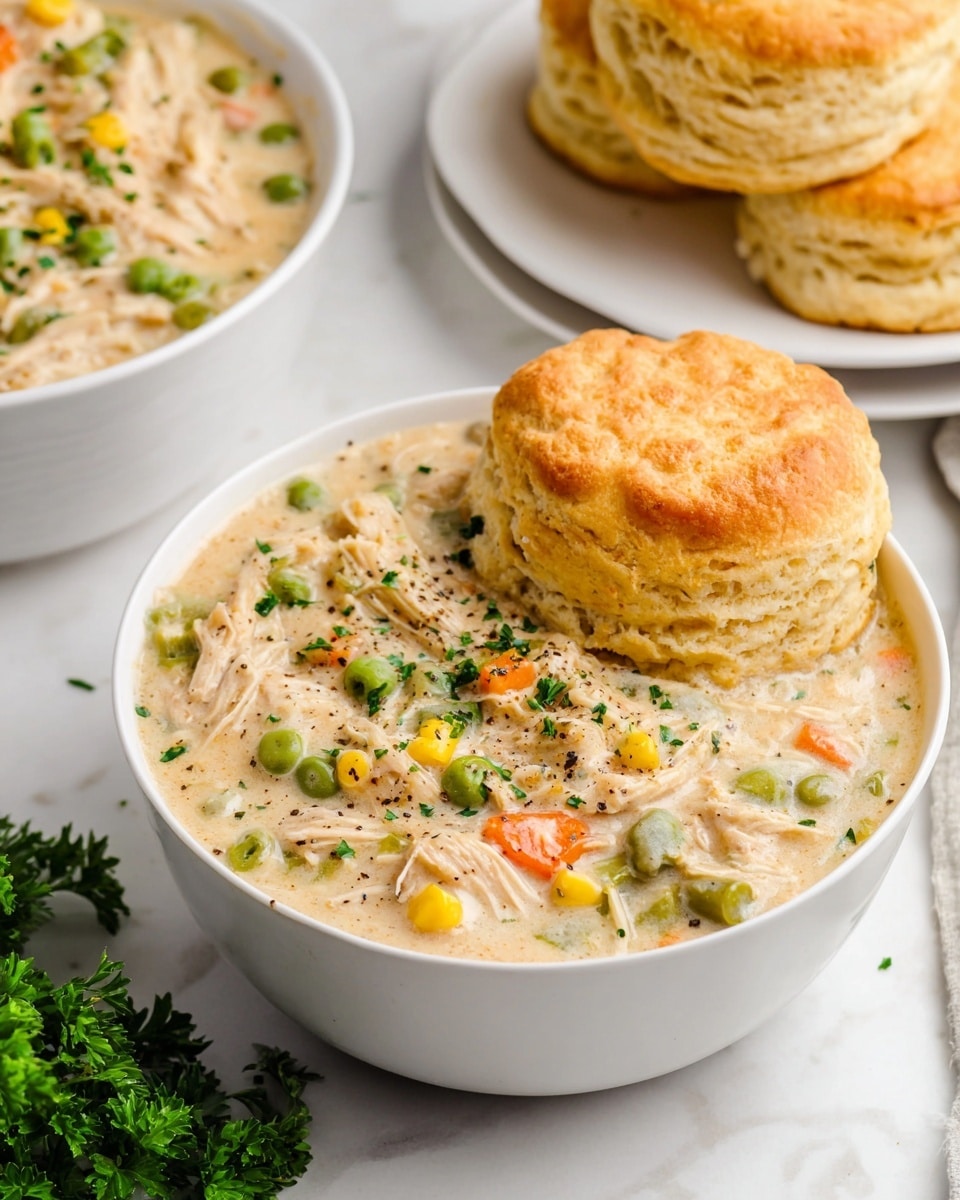 A close-up view of a thick creamy dish held on a wooden spoon above a deep black pot; the dish has three main layers visible — shredded light beige meat mixed with a smooth white creamy sauce as the base, scattered bright yellow corn kernels, green peas, and small orange carrot cubes adding pops of color throughout; the texture looks rich with soft, tender pieces and a glossy finish, the background showing more of the same creamy stew in the pot set on a white marbled surface. photo taken with an iphone --ar 4:5 --v 7