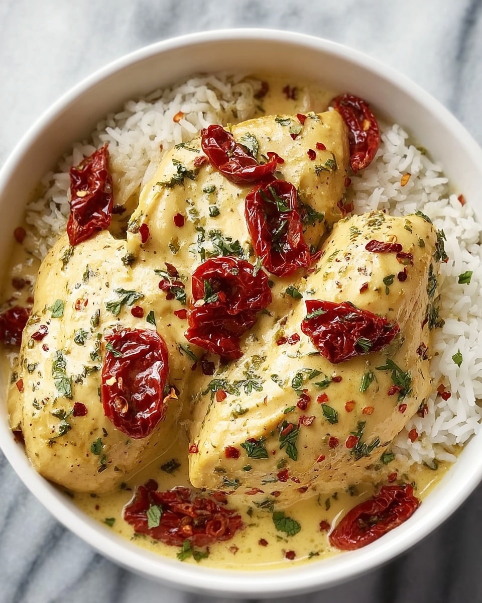The image shows a black slow cooker filled with a creamy, thick mixture of shredded chicken and mixed vegetables including bright green peas, small orange carrot cubes, and yellow corn kernels, all in a light cream-colored sauce that covers the ingredients evenly. To the left, there is a white bowl holding four golden-brown biscuits with a soft texture and slightly shiny tops. The whole scene is set on a white marbled surface with some green parsley scattered around, along with two silver forks and a small white bowl of finely chopped green herbs near the top right. A white and gray striped cloth is partially visible in the bottom left corner. photo taken with an iphone --ar 4:5 --v 7