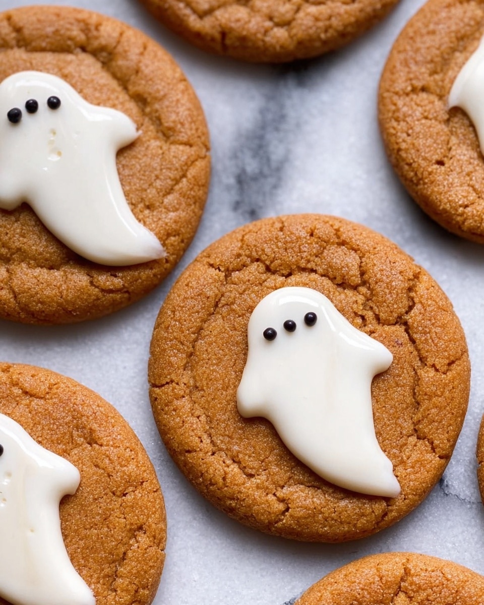 This image shows seven round brown cookies arranged closely on a spider web-shaped gray tray. Each cookie has one or two small white ghost shapes made of icing on top, each ghost decorated with two or three tiny black dots as eyes and mouth. The cookies have a cracked texture on top, and some have a sprinkle of white salt or sugar. In the background, there is an orange pumpkin-shaped candle and some old books, all placed on a white marbled surface. The scene is cozy and has a Halloween feel. photo taken with an iphone --ar 4:5 --v 7