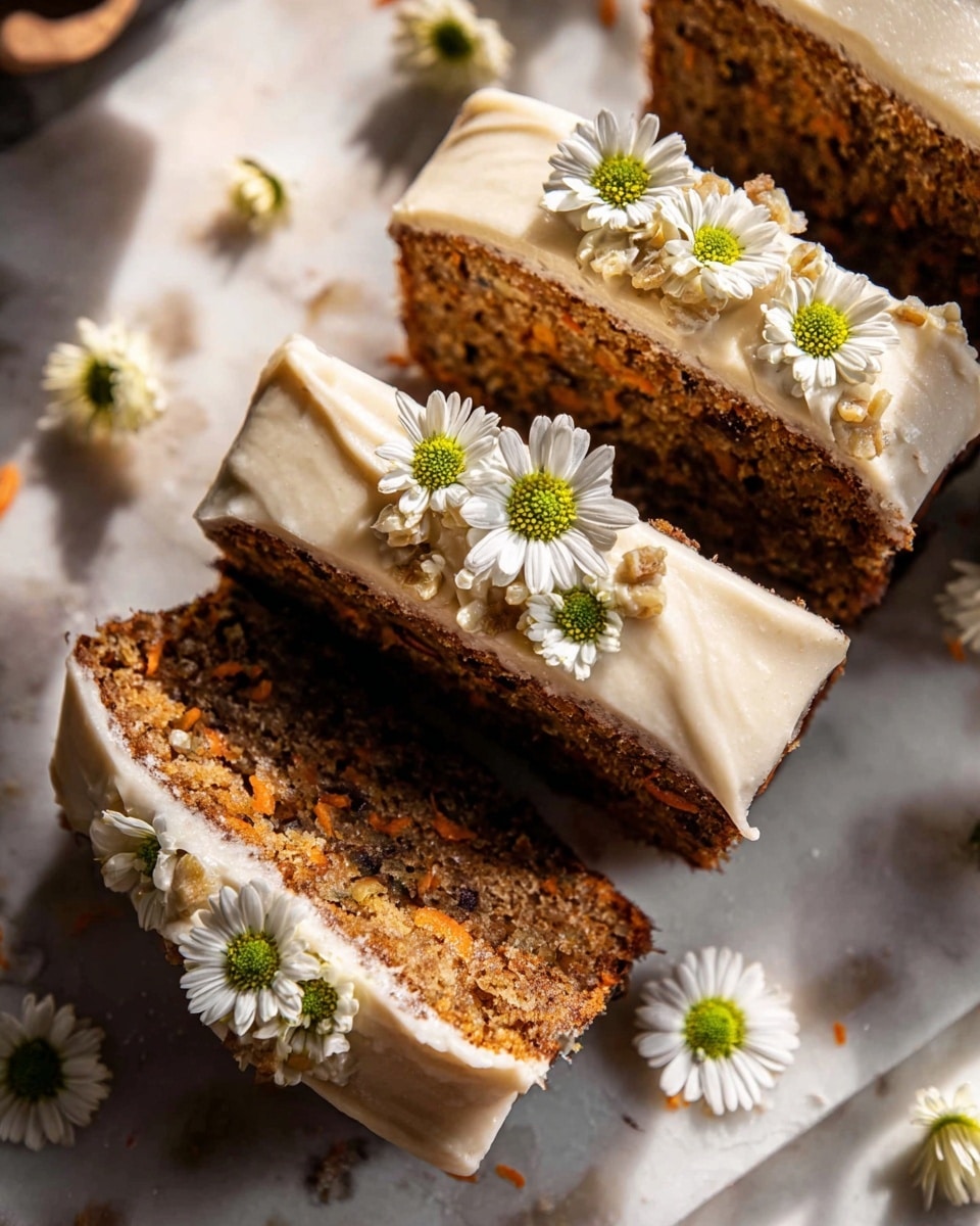 The image shows three slices of a dark brown carrot cake with visible chunks of nuts and grated carrot, each topped with a thick layer of light beige cream frosting. The frosting has a smooth, creamy texture and is decorated with small white daisy flowers with green centers scattered evenly across the top. The slices are placed on a surface with a white marbled texture, and there are additional daisy flowers scattered around the cake slices. Soft natural light highlights the textures and colors, creating a warm and inviting look. Photo taken with an iphone --ar 4:5 --v 7