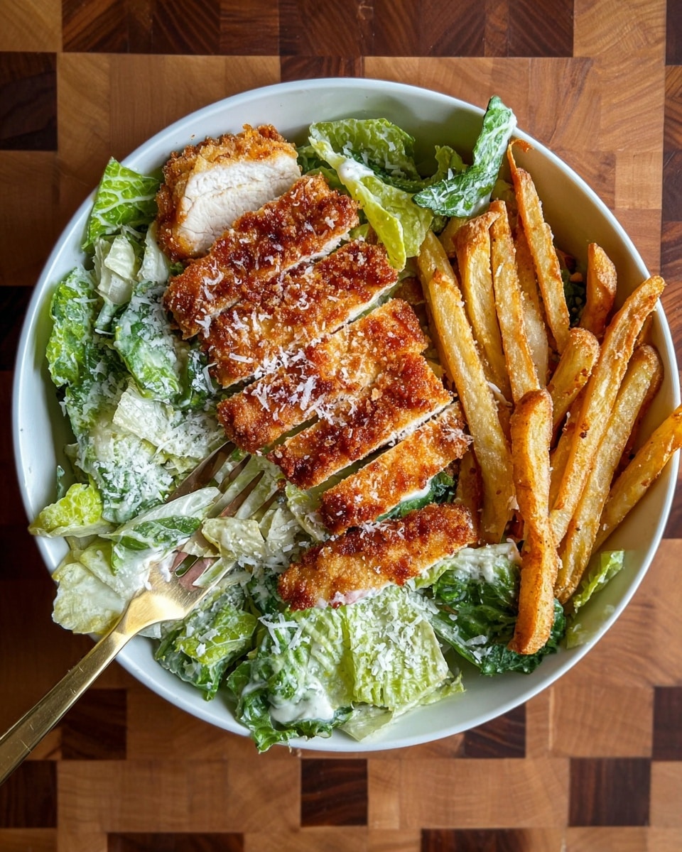 Healthy Chicken Caesar Salad with Crispy Fries and Hot Honey Recipe - Recipe Image