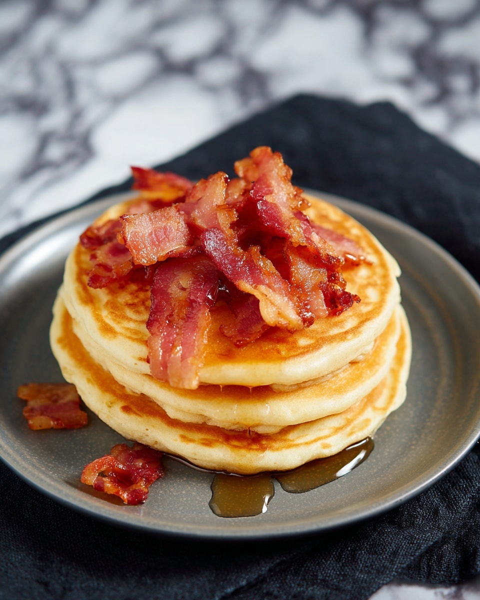 A stack of four golden-brown pancakes sits in the center of a white plate with a scalloped edge, each pancake showing a soft and fluffy texture. On top of the pancake stack, there are several crispy strips of reddish-brown bacon, with some curling up slightly. A silver fork is poked vertically into the pancakes, standing upright through the bacon. The plate rests on a dark cloth over a white marbled surface, and the background is blurred with a mix of dark and light tones. photo taken with an iphone --ar 4:5 --v 7
