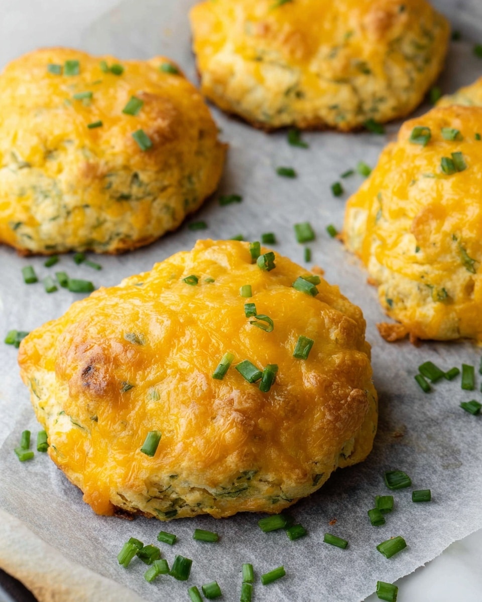 A pile of seven golden, round biscuits with melted cheddar cheese on top sits on a small wooden board, each biscuit showing green herb pieces inside and sprinkled with fresh green chives. One biscuit is broken in half at the front, showing a soft and textured inside with green herbs spread throughout. To the left is a small metal cup filled with dark red sauce. The background is a white marbled surface. Photo taken with an iphone --ar 4:5 --v 7