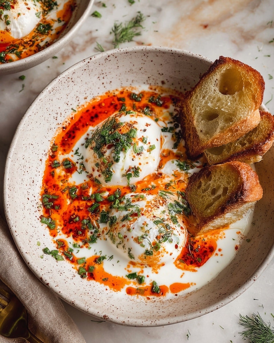 A white speckled bowl sits centered on a larger white plate with a white marbled surface underneath. Inside the bowl, two soft white poached eggs rest on a creamy white yogurt sauce sprinkled with finely chopped green herbs. Bright red-orange oil with spices is drizzled over the yogurt and eggs, creating contrasting streaks. On the left side inside the bowl, several toasted golden-brown bread slices lean against the edge. A small cluster of fresh green mint leaves decorates the plate next to the bowl. Additional toasted bread slices sit on the right side of the plate, and scattered crumbs are visible on the white marbled surface around the plate. photo taken with an iphone --ar 4:5 --v 7