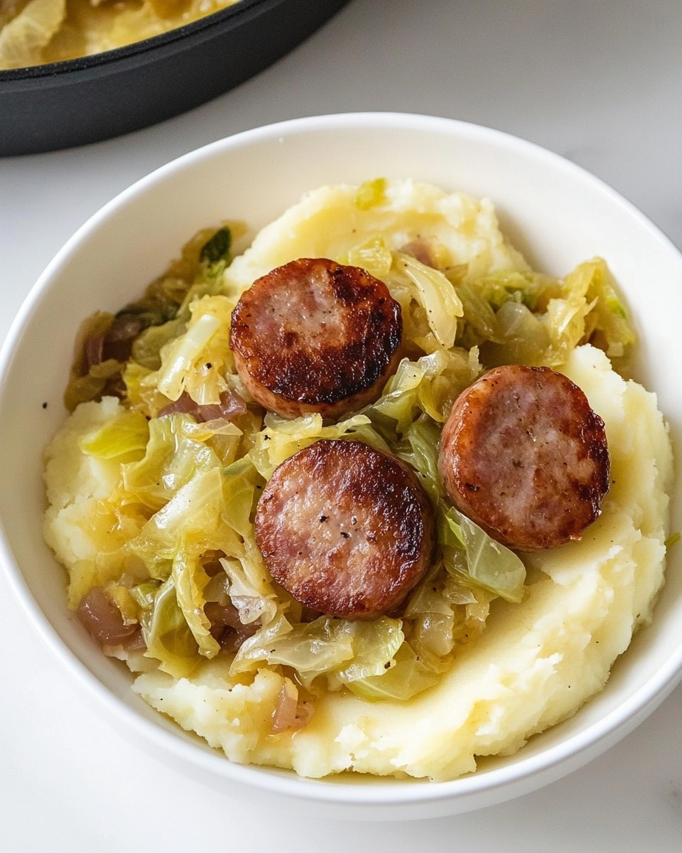 A white bowl holds a dish with three layers: the bottom layer is light yellow, creamy mashed potatoes with a smooth texture; on top, there is a layer of cooked cabbage with soft, slightly translucent green and pale yellow leaves mixed with bits of caramelized onion; the top layer consists of four round, browned sausage slices evenly placed on the cabbage. The bowl sits on a white marbled surface, and a black pan with more cabbage is partially visible in the upper left corner. Photo taken with an iphone --ar 4:5 --v 6.1