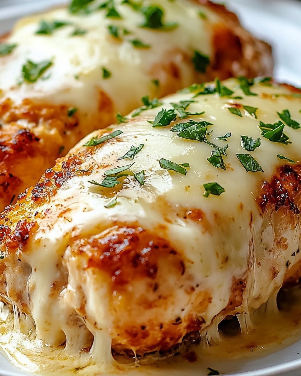 The dish shows two pieces of cooked chicken topped with melted cheese. The chicken has a golden brown color with a slightly crispy and textured surface. The cheese layer is thick and creamy white, bubbling and slightly browned on top with a stretchy texture pulling away at the edges. Fresh chopped green herbs are sprinkled over the cheese, adding a pop of color. The pieces rest on a white plate with a smooth surface, and the background features a white marbled texture. photo taken with an iphone --ar 4:5 --v 6.1