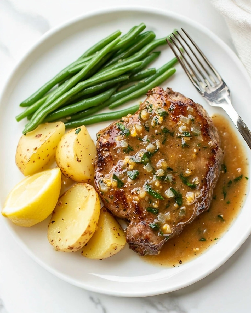 A white plate on a white marbled surface holds a meal with three main parts. On the right, there is a cooked piece of meat covered with light brown sauce mixed with small green herbs and bits of garlic. The meat looks juicy and has a browned edge. In the middle of the plate, there are straight, bright green beans laid side by side. On the left side, there are small yellow potato pieces with a soft texture. A wedge of yellow lemon is placed near the potatoes. A silver fork rests on the lower right edge of the plate. Photo taken with an iphone --ar 4:5 --v 6.1