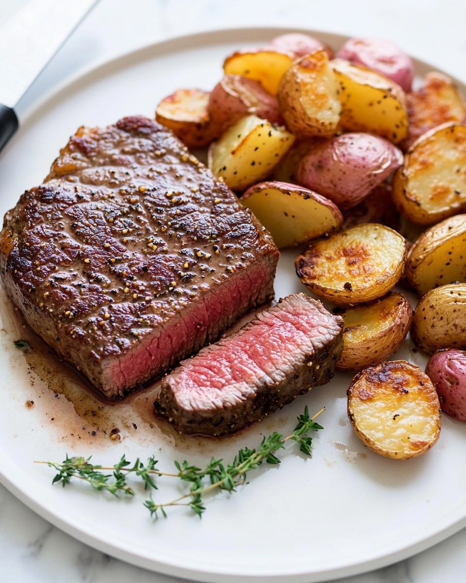 The image shows a white plate with a thick, juicy steak that has a brown, seared outer layer and a pink, tender inside visible where a slice is cut. The steak is slightly shiny with juices and seasoned with black pepper and salt. Next to the steak are golden-brown roasted potato chunks with crispy edges, mixed with some red-skinned potato pieces. A sprig of fresh green thyme lies on the potatoes. A knife with a black handle rests on the plate, with a cut piece of steak near its blade. The plate sits on a white marbled surface. photo taken with an iphone --ar 4:5 --v 6.1