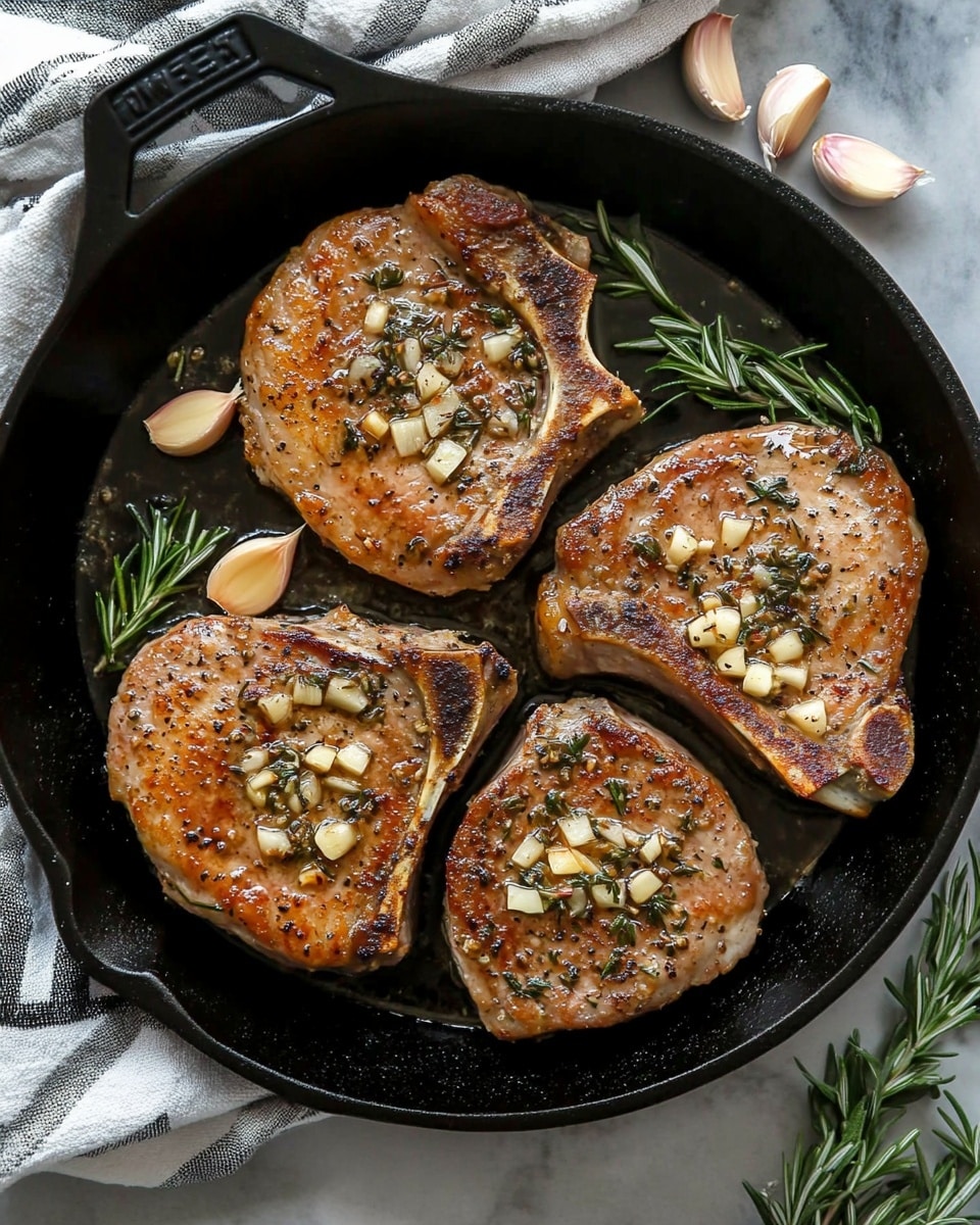 The image shows a close-up of a black cast iron pan containing three cooked pork chops with a golden-brown color. Each pork chop has small pieces of chopped garlic and chopped green herbs sprinkled on top, and some whole garlic cloves and a sprig of fresh rosemary are placed between the pork chops in the pan. The background features a white cloth with black stripes and a dark surface, replaced here with a white marbled texture. The overall look is warm and rustic, showing the texture of the cooked meat and herbs clearly, photo taken with an iphone --ar 4:5 --v 6.1