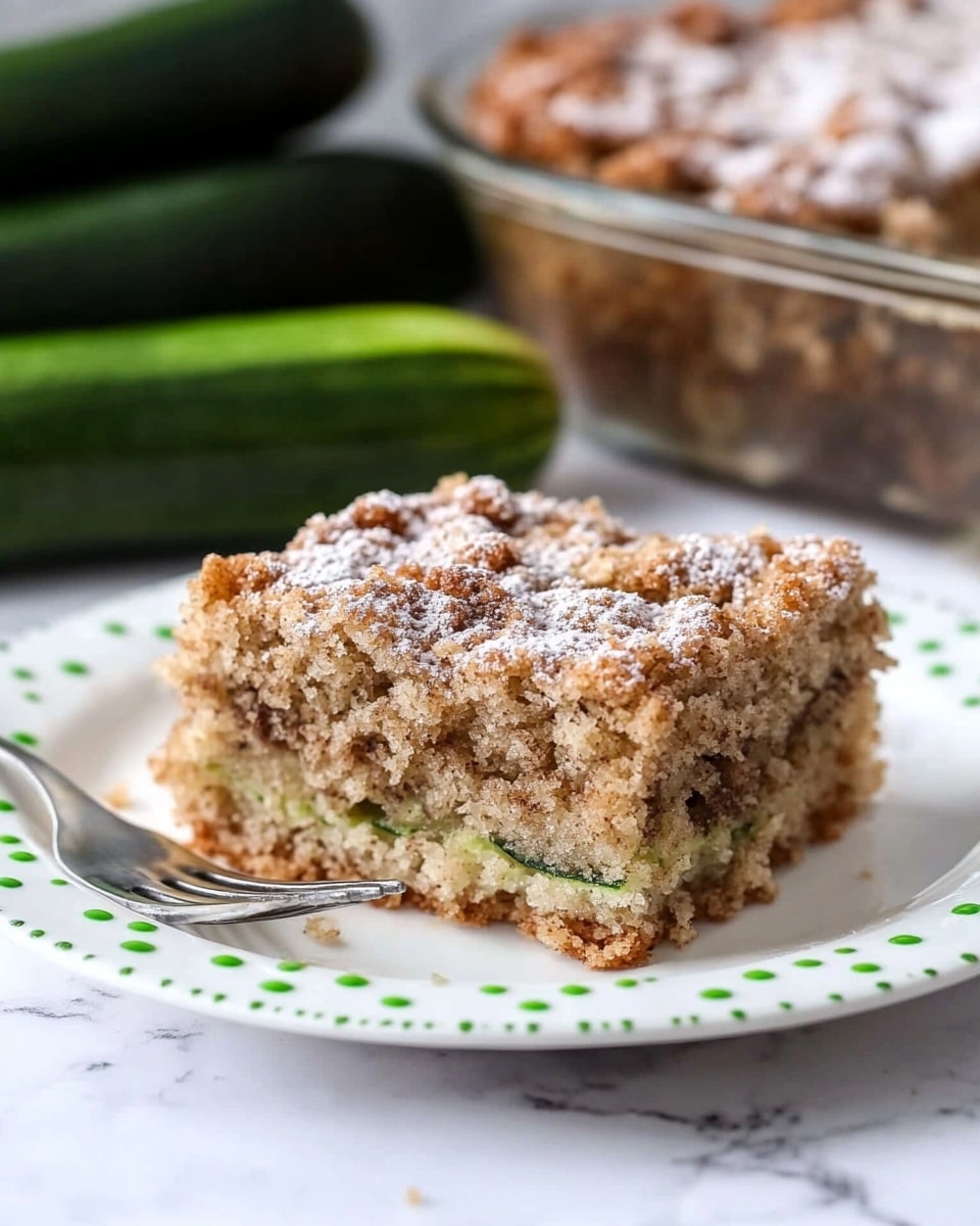 A square piece of crumb cake sits on a white plate with small green dots along the rim, placed on a white marbled surface. The cake has two layers: the bottom layer is light brown with a soft, moist texture dotted with small green bits, showing it is made with zucchini, while the top layer has a darker, crumbly streusel with a sprinkle of powdered sugar. In the background, there are fresh green zucchinis and a glass baking dish holding the rest of the cake. A fork rests on the left side of the plate. photo taken with an iphone --ar 4:5 --v 6.1