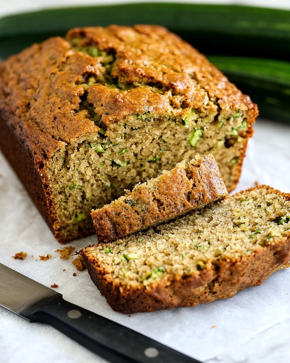 The image shows two slices of light brown zucchini bread with a moist, crumbly texture. The front slice has a small pool of melted butter with a creamy white color melting on top, contrasting the golden brown crust around the edges. The bread has tiny green flecks dispersed throughout the inside, showing the zucchini pieces. Both slices rest on a white marbled surface, with crumbs scattered nearby. The lighting highlights the rough texture of the crust and the soft inside of the bread. photo taken with an iphone --ar 4:5 --v 6.1