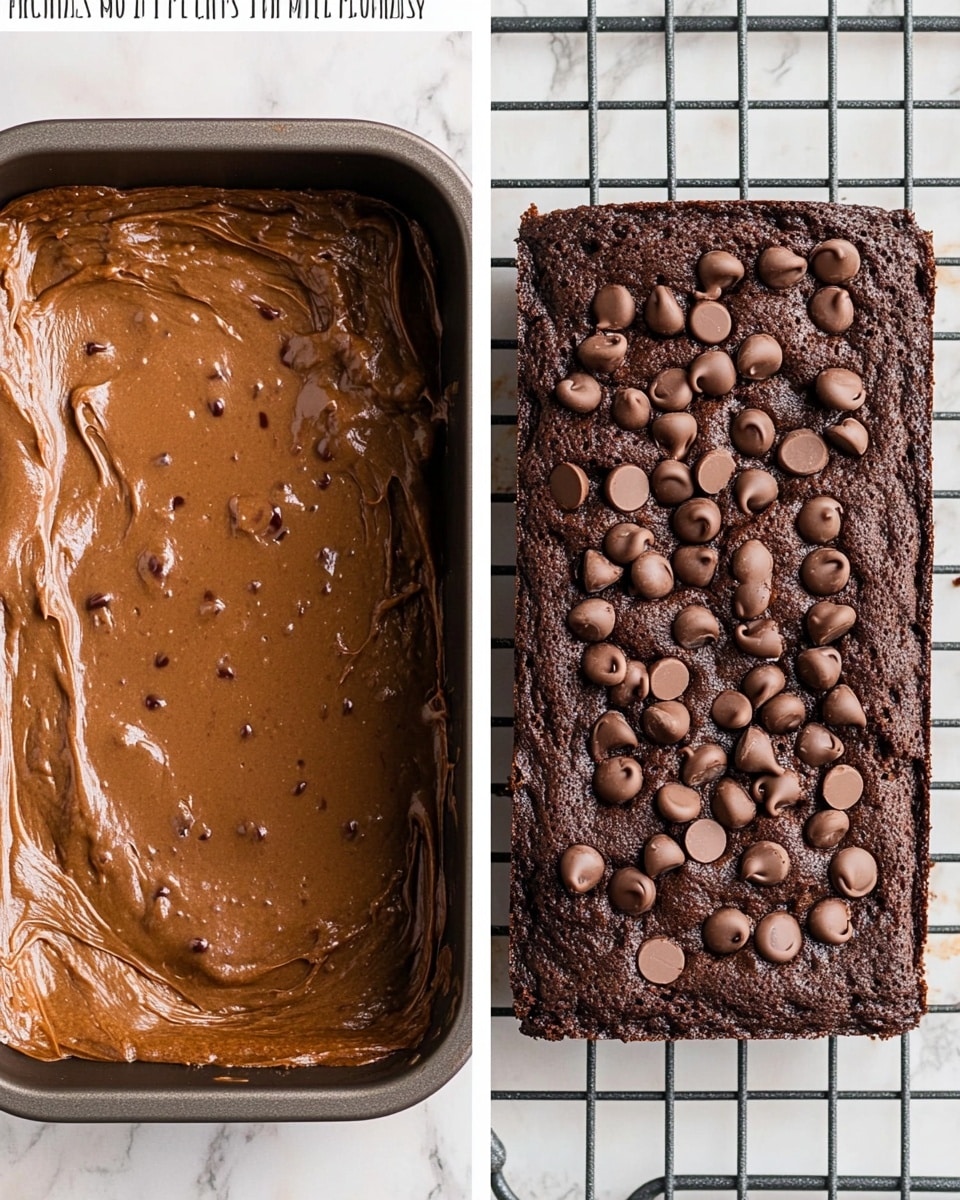 A close-up view of thick chocolate zucchini bread slices arranged on a light wooden board, showing three visible stacked slices with a rich dark brown color and a moist, soft texture filled with scattered medium-sized chocolate chips throughout. The top of the bread is cracked with uneven ridges and has a slightly glossy surface with more chocolate chips embedded. In the blurred background, there is a white bowl filled with chocolate chips placed on a white marbled surface. Large black and white text reading 