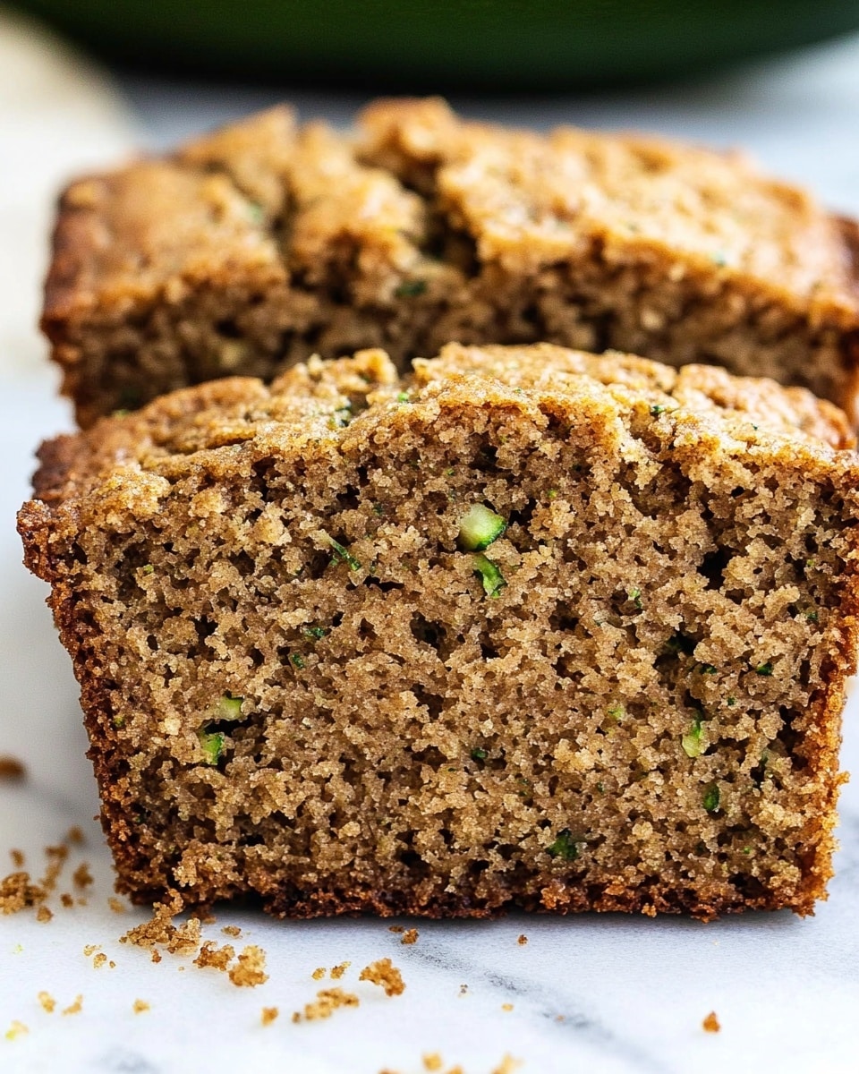 The image shows several slices of zucchini bread arranged closely together on a white marbled surface. The bread has a light brown color with visible bits of green zucchini throughout the soft and moist texture. The front slice has a layer of white butter melting unevenly on top, creating a slightly shiny, creamy contrast against the bread. Next to the slice is a silver knife with a small amount of butter on its blade. The bread edges are darker brown and crisp, framing the softer interior. photo taken with an iphone --ar 4:5 --v 6.1