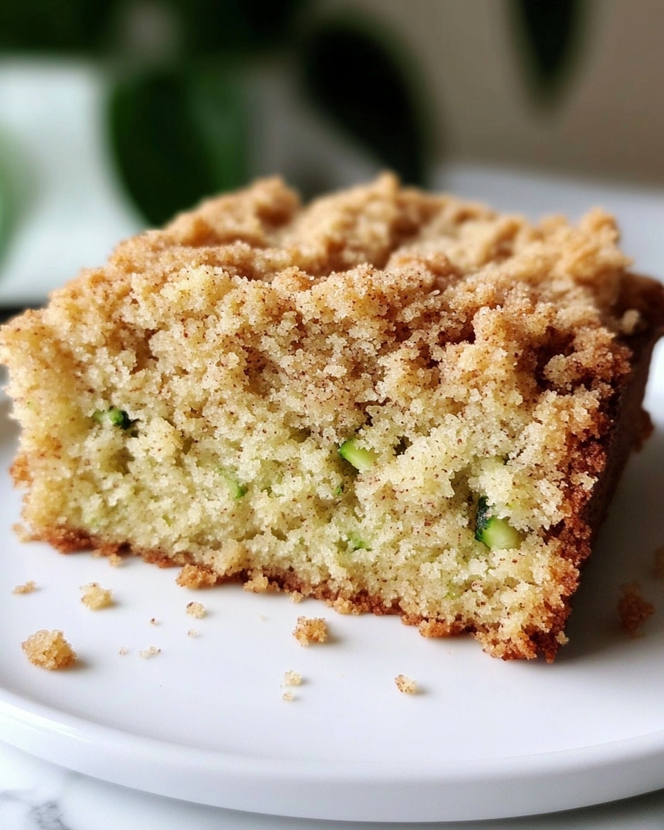 This image shows two thick slices of crumb-topped zucchini bread placed on a white rectangular plate on a white marbled surface. The bread has a golden-brown crumbly top layer with a rough texture, while the inside layer is light beige with small green zucchini pieces evenly spread throughout. The bread's texture looks soft and moist inside with a slightly crunchy crust outside. Photo taken with an iphone --ar 4:5 --v 6.1