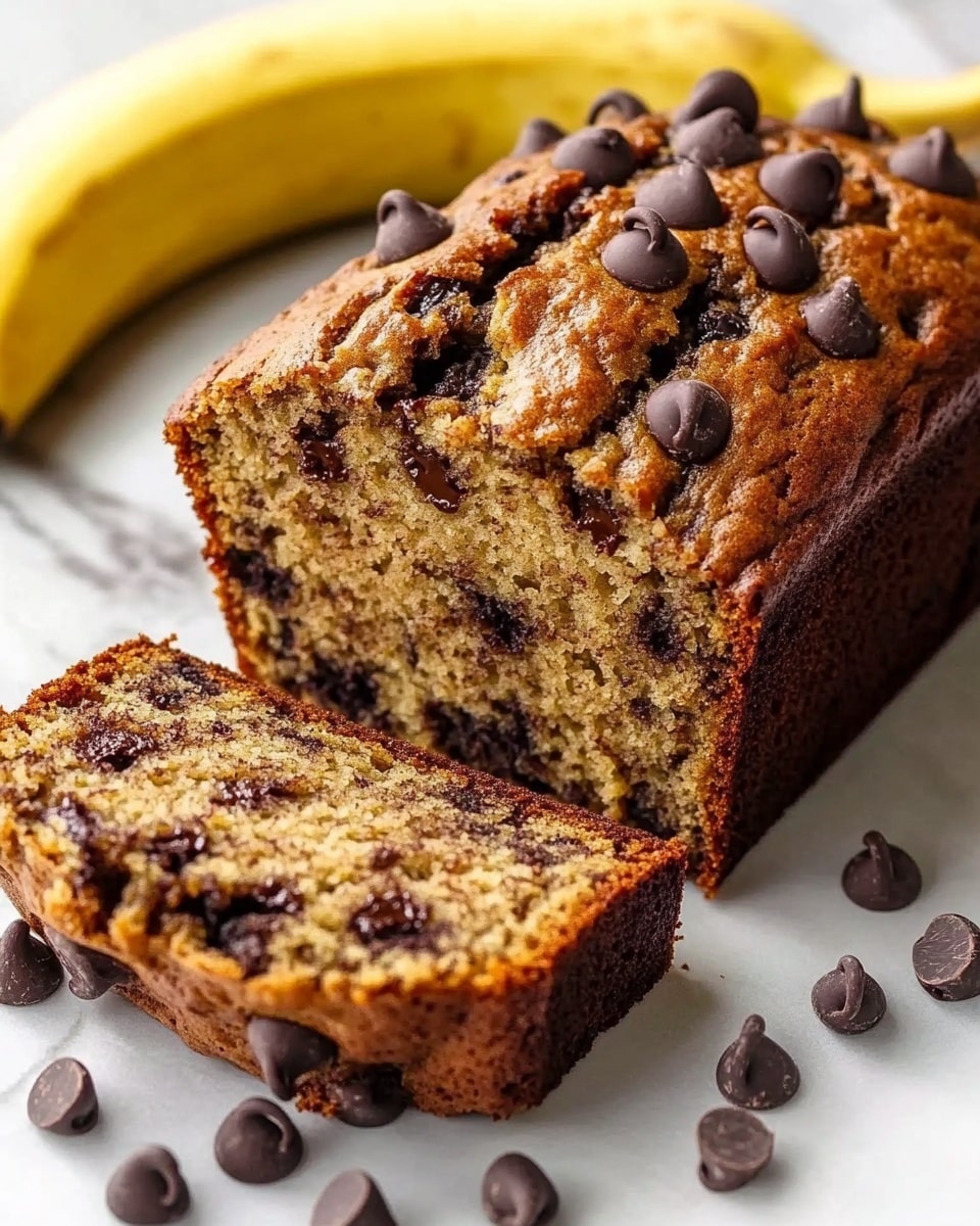 The image shows a loaf of banana bread with many chocolate chips on top and inside. The bread has a golden brown crust with a soft, dense light brown inside that has chunks of banana and melted chocolate pieces spread throughout. One slice is cut and placed in front of the loaf, revealing the moist texture and the rich chocolate chips especially near the edges. The bread is placed on a white marbled surface with some chocolate chips scattered around and two whole bananas in the background. photo taken with an iphone --ar 4:5 --v 6.1