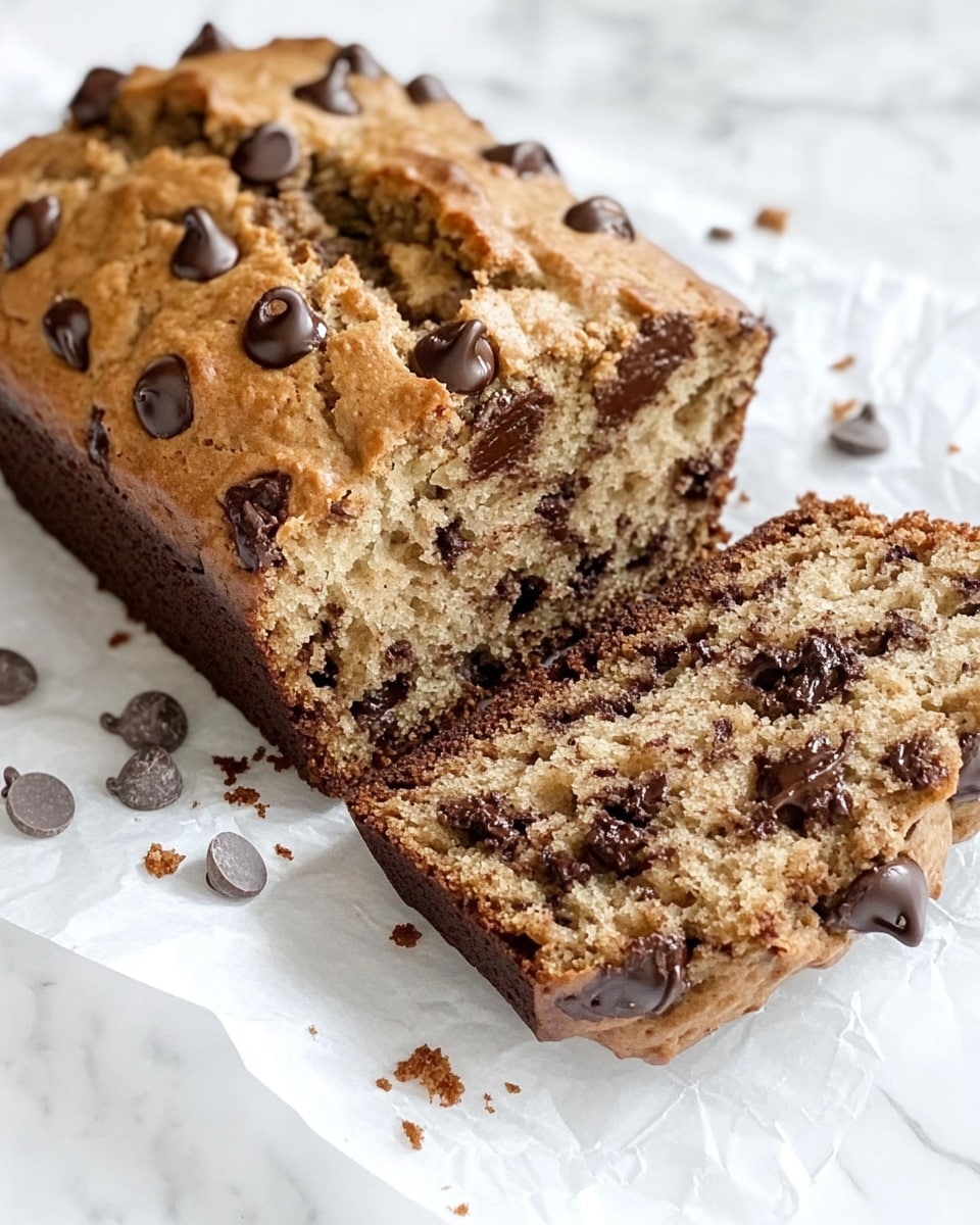 The image shows a loaf of chocolate chip banana bread sliced into five thick pieces, stacked unevenly on a white marbled surface. The bread has a golden-brown crust with shiny, melted chocolate chips on top, some sprinkled with a bit of salt. Inside, the bread is moist and dense with darker specks of chocolate chunks and banana pieces scattered throughout the tan-colored crumb. The texture appears soft and crumbly. Photo taken with an iphone --ar 4:5 --v 6.1