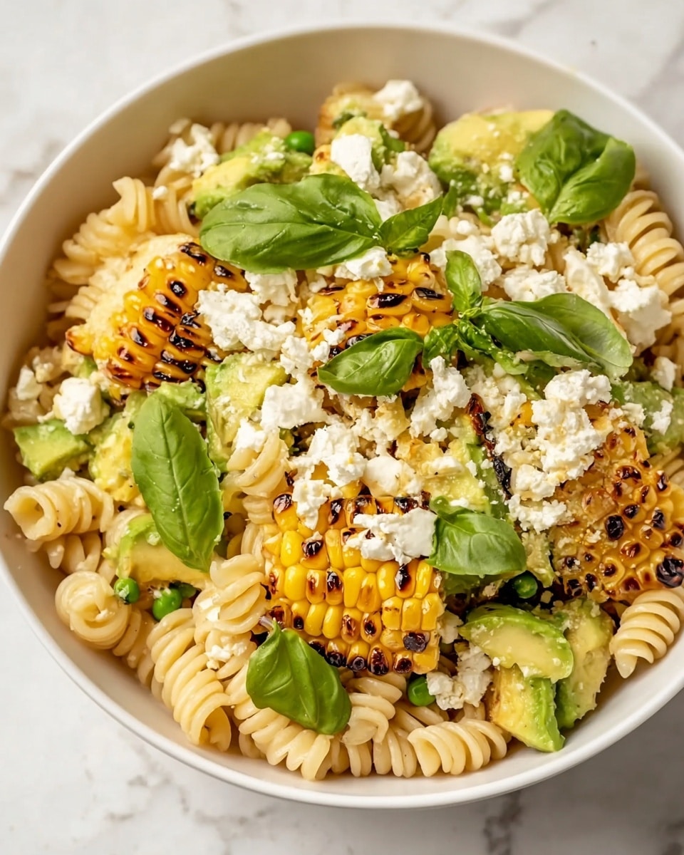 The image shows a large white oval plate filled with a creamy pasta salad made of spiral-shaped pasta mixed with yellow corn kernels and small black beans. On top, crumbled white cheese and chopped green herbs are sprinkled generously, adding texture and color contrast. Two lime wedges rest on the edge of the pasta pile near the top of the plate. A wooden spoon with traces of sauce is placed on the bottom right side of the plate, sunk slightly into the pasta. The plate is placed on a white marbled surface, with small wooden bowls of extra chopped herbs and cheese scattered nearby. A patterned black and white cloth is partially visible on the left side. Photo taken with an iphone --ar 4:5 --v 7