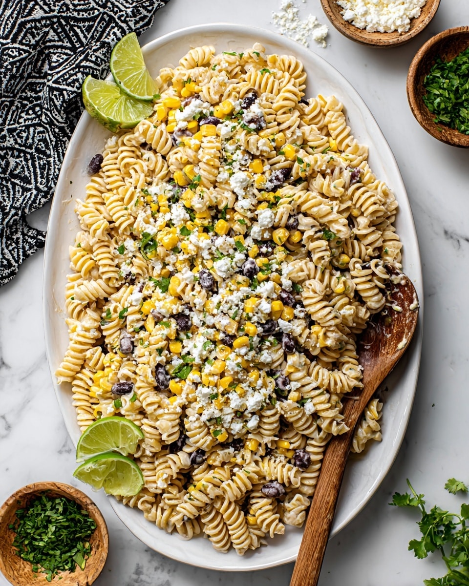 The image shows a white bowl filled with shell pasta mixed with bright green peas and small pieces of cooked bacon in reddish-brown color. The pasta is creamy with a light sauce coating, and there are thin shreds of white cheese sprinkled evenly over the dish. Two metal spoons are placed inside the bowl, resting on the pasta. The bowl is set on a table with a white marbled texture and part of a blue and white striped cloth is visible on one side. photo taken with an iphone --ar 4:5 --v 7