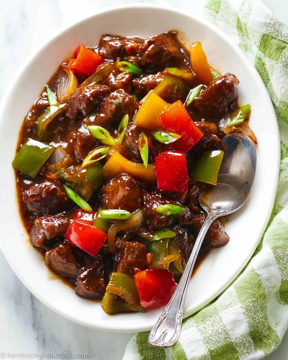 A white plate filled with dark brown sauce coating chunks of cooked meat and large pieces of bell peppers in red, green, and yellow colors, mixed with translucent onions and green onion slices scattered on top, with a silver spoon resting inside the plate on the right side, the plate placed on a white marbled surface with a green and white checkered cloth nearby, photo taken with an iphone --ar 4:5 --v 7