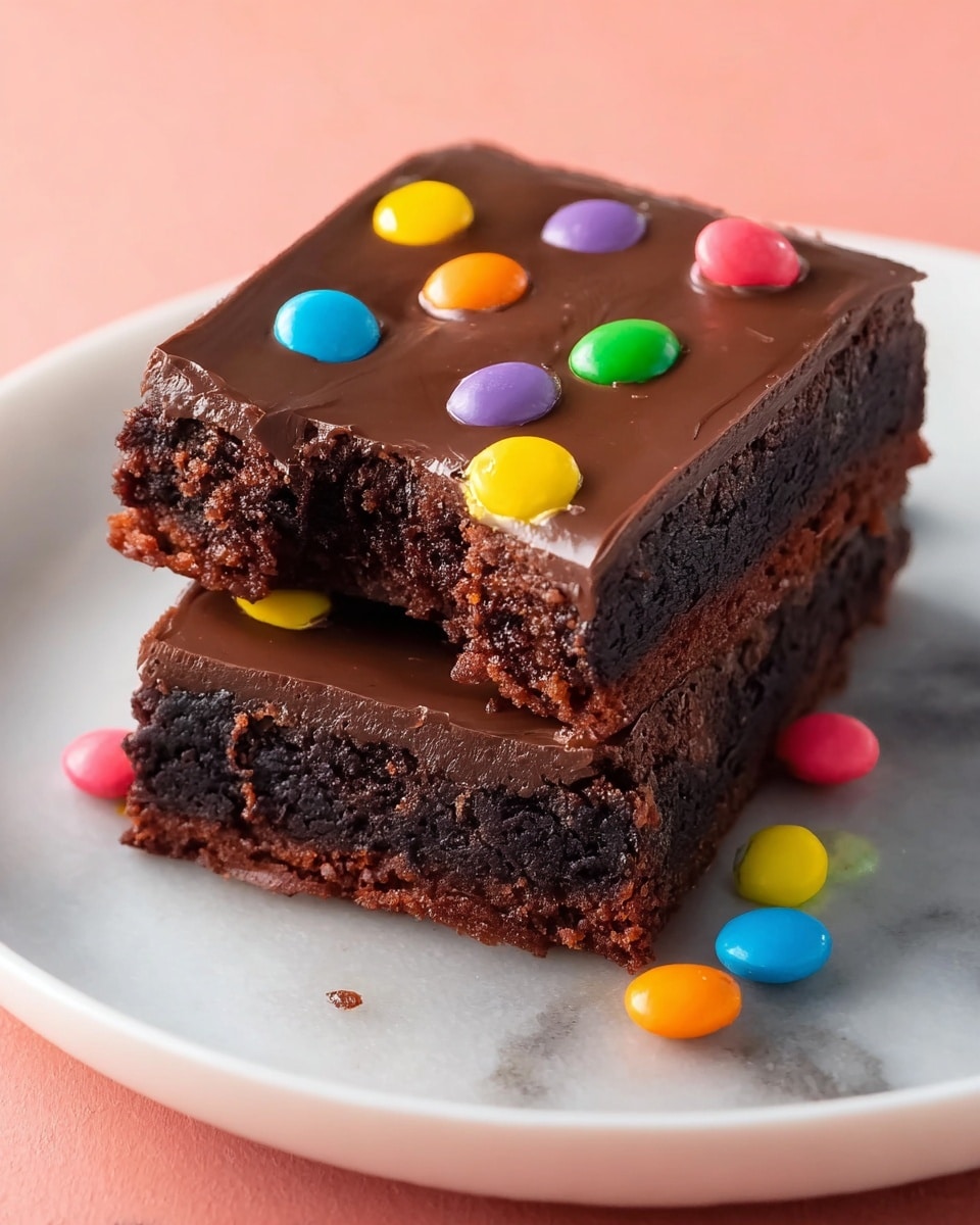 The image shows dark brown chocolate brownies stacked and spread on a white marbled surface. Each brownie has two layers: a dense, moist chocolate base with a slightly crumbly texture at the bottom and a smooth, shiny chocolate frosting layer on top. Colorful small round candy pieces in bright colors like yellow, green, blue, purple, orange, and red are scattered over the frosting in a random pattern. The brownies are cut into rectangular shapes, and one brownie is stacked on top of another at the center, showing the thickness of both layers clearly. The photo taken with an iphone --ar 4:5 --v 7