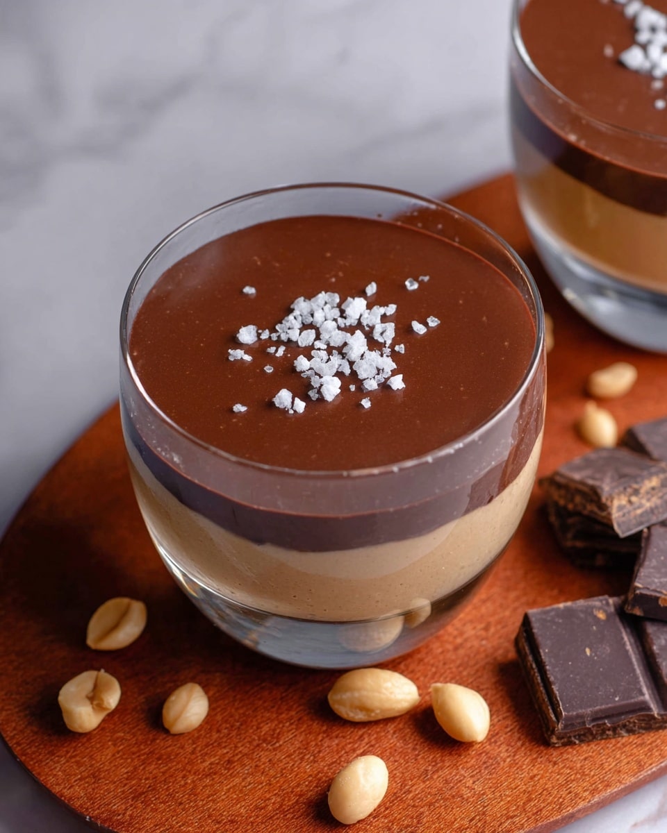 Three clear glass dessert cups are shown, each filled with two layers: the bottom layer is thick and creamy with a light beige color, and the top layer is smooth and dark brown, like chocolate, covering the entire surface evenly. The top of each dessert is sprinkled with a small amount of flaky sea salt. The cups stand on a wooden board, with a dark blue background behind them and a white marbled surface beneath. The photo is taken with an iphone --ar 4:5 --v 7