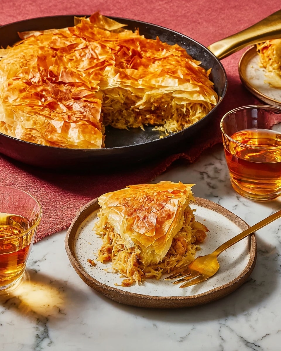 The image shows a round black cast iron pan filled with many thin layers of golden crispy sheets that look soft and slightly wrinkled. The top layer is sprinkled with white powdered sugar, adding a light dusting across the warm-colored surface. The pan is placed on a white marbled textured surface that contrasts with the orange tones of the sheets and the pan’s dark color. There are two amber-colored glasses around the pan, and a white plate with a gold border, some gold forks, and a white napkin with gold stripes is visible to the right. The scene is brightly lit with warm light, creating soft shadows and a cozy feel. Photo taken with an iphone --ar 4:5 --v 7