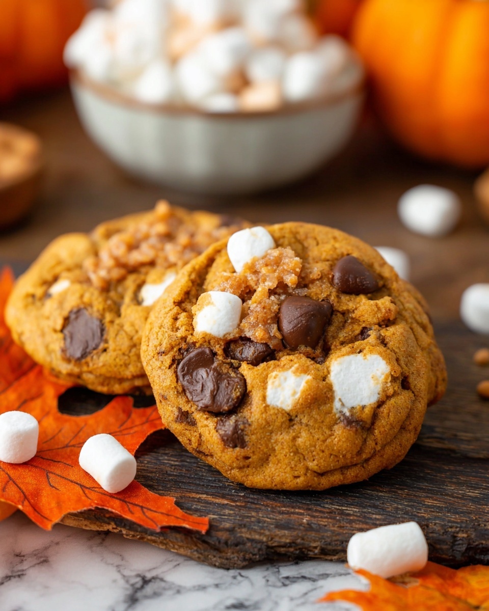 A close-up of a cookie showing an orange-brown baked surface with a rough, bubbly texture. The cookie has two visible dark chocolate chips embedded near the center. White, softened marshmallow pieces are scattered and partly melted on the surface, blending with the cookie. The background shows a white marbled texture with some indistinct objects. Photo taken with an iphone --ar 4:5 --v 7