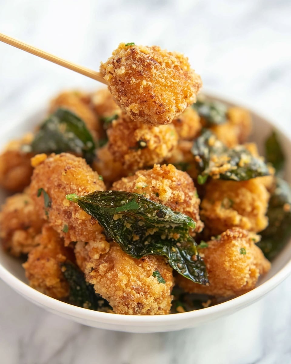 A white bowl filled with many small pieces of golden brown, crispy fried chicken mixed with dark green, shiny fried leaves. Each chicken piece has a rough, crumbly texture with tiny green herb bits scattered on the surface. The bowl sits on a white marbled surface with a blurred bunch of fresh green leaves in the background. The lighting is soft and natural, highlighting the crispy and fresh textures of the dish, photo taken with an iphone --ar 4:5 --v 7
