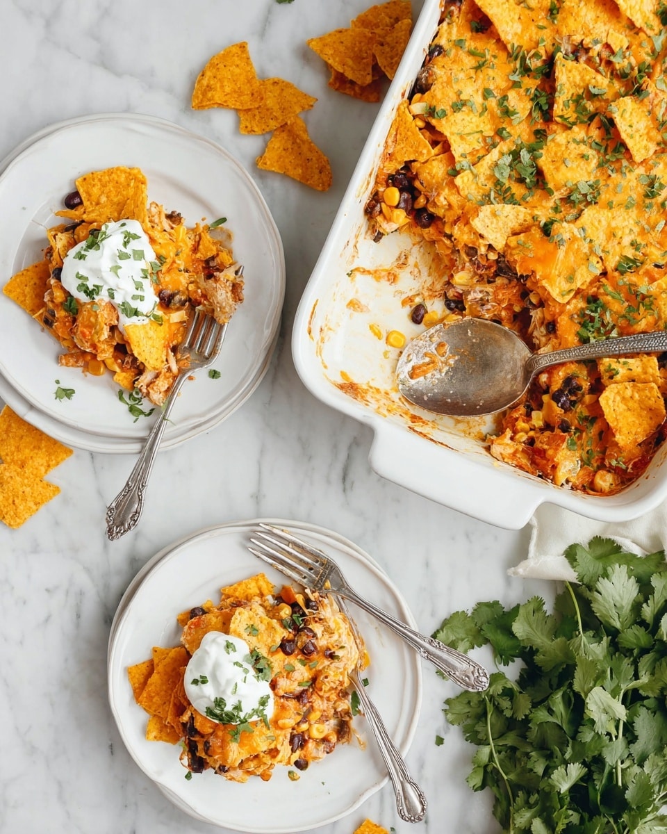 A close-up view of a layered casserole in a white dish placed on a white marbled surface, showing a thick top layer of melted golden cheddar cheese mixed with roughly broken, crispy corn chips sprinkled with chopped green herbs, beneath which there is a creamy mixture containing black beans, corn kernels, and other small vegetables visible where a portion has been scooped out with a silver spoon. photo taken with an iphone --ar 4:5 --v 7
