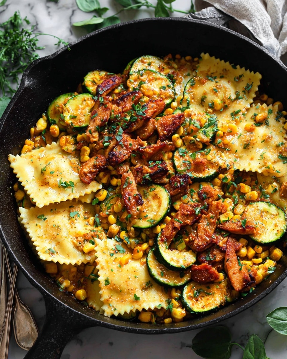 Garlic Butter Chicken with Zucchini, Corn, and Ravioli Recipe - Recipe Image