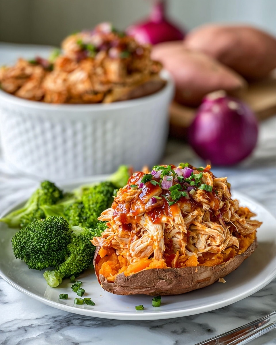 The image shows four pieces of stuffed sweet potatoes placed in a white oval dish. Each sweet potato is split open with a soft orange inside layer topped with a thick layer of shredded chicken mixed with small pieces of purple onion. The chicken topping is drizzled with dark reddish-brown sauce, and there are small green onion slices sprinkled on top. The dish is placed on a surface with a white marbled texture. Photo taken with an iphone --ar 4:5 --v 7