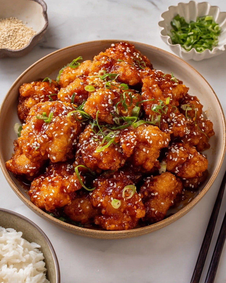 A close-up of a piece of orange glazed chicken held by wooden chopsticks, covered with a shiny thick orange sauce, topped with white sesame seeds and small green onion slices. In the background, there is a white plate with more orange glazed chicken, slightly blurred, and a white bowl filled with plain white rice on a white marbled surface, along with a small white bowl holding green chopped scallions. The colors mainly show warm orange hues with green and white, and the scene feels fresh and appetizing. Photo taken with an iphone --ar 4:5 --v 7
