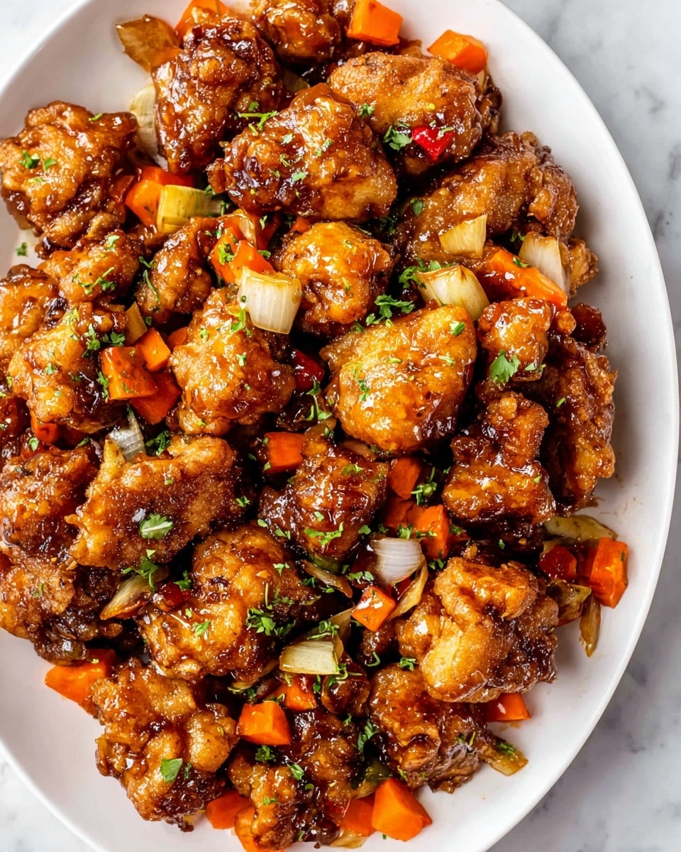 A white round plate filled with several pieces of golden brown fried chicken chunks, each piece showing a crispy texture with a shiny glaze. Mixed in between the chicken are small cubes of bright orange carrots and chopped translucent onions, adding pops of color against the warm brown of the chicken. Small bits of fresh green herbs are sprinkled lightly on top, giving a fresh look. The plate is placed on a white marbled surface, enhancing the vibrant colors of the dish. photo taken with an iphone --ar 4:5 --v 7