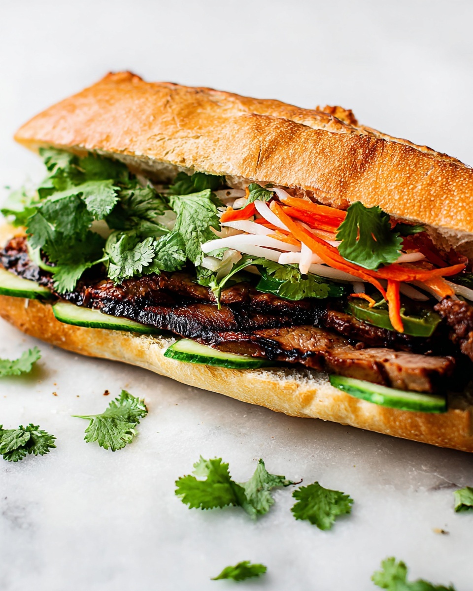 The image shows a sandwich with four main layers held by a golden brown toasted baguette. The bottom layer is fresh green cilantro and slices of green cucumber, resting directly on the bread. Above that is a grilled piece of meat with dark char marks and a juicy texture. On top of the meat are thin strips of bright orange carrot and white daikon, mixed with more green cilantro leaves, adding fresh colors and textures. The sandwich sits on a white marbled surface with a few scattered cilantro leaves around. Photo taken with an iphone --ar 4:5 --v 7