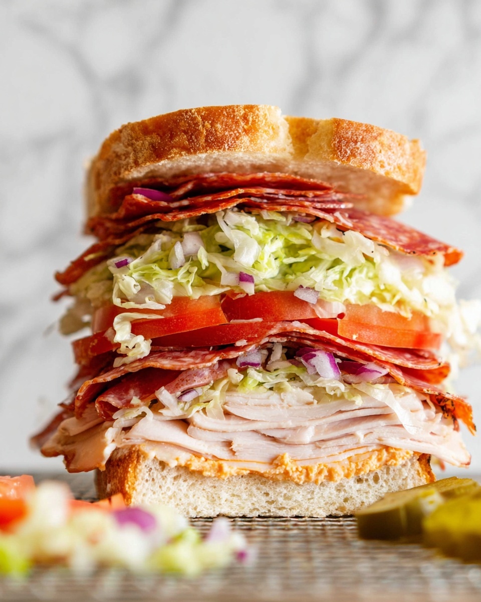 A sandwich with five visible layers stacked inside a soft, golden-brown bun. The bottom layer is thin, folded light pink meat, followed by a creamy melted white cheese layer. Above this is a slice of red tomato, topped with a creamy salad mix containing shredded pale green lettuce, small pieces of light green celery, and thin rings of purple onion. The top layer consists of two dark red, crisp pepperoni slices. The sandwich sits on a metal rack over a white marbled surface. Photo taken with an iphone --ar 4:5 --v 7