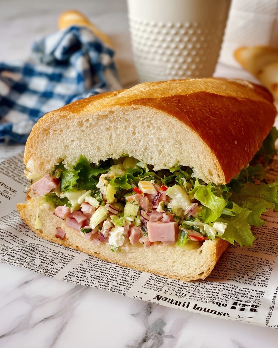 A close-up view of a sandwich sliced in half showing three main layers: the top and bottom layers consist of soft white bread with a golden brown crust, and the middle layer is a mix of chopped light pink ham, green leafy lettuce, small diced red tomato, and bits of white cheese all mixed with a creamy dressing. The sandwich is held over a white marbled surface with a paper wrapper underneath that has black text in a clear font. Photo taken with an iphone --ar 4:5 --v 7