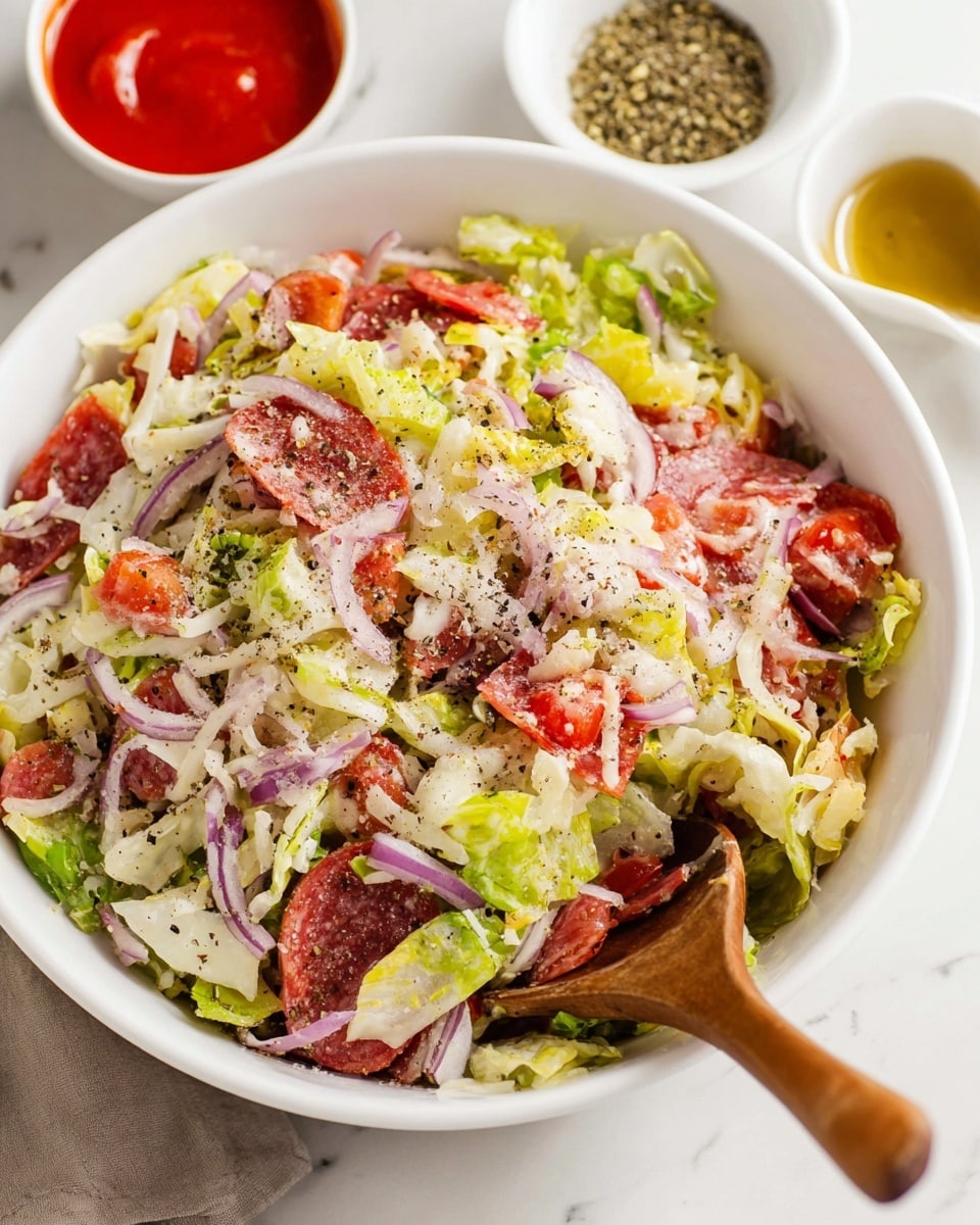 A white bowl filled with a colorful salad made of chopped pale green lettuce, thin slices of purple onion, white shredded cheese, small red pieces of tomato and salami, all mixed together and sprinkled with black pepper on top. A wooden spoon rests inside the bowl at the right edge, also sprinkled with pepper. In the background, there is a small white bowl with red sauce and a white bowl with a green seasoning mix, all set on a white marbled surface. Photo taken with an iphone --ar 4:5 --v 7