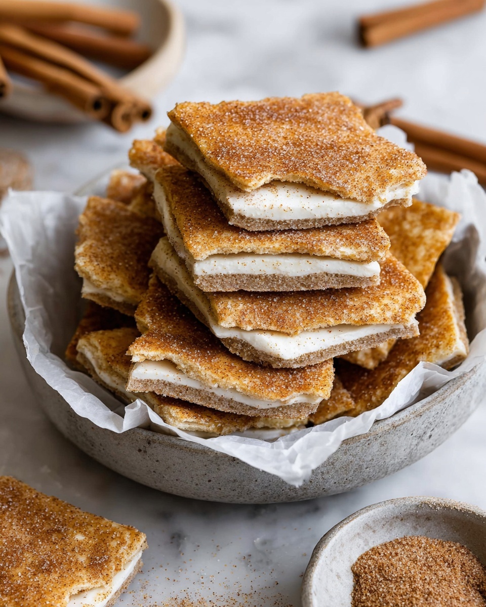 A large rectangular baking tray with a layered dessert inside, topped with a thick, even layer of light brown cinnamon sugar powder that covers the entire surface; underneath the cinnamon sugar, there is a smooth, creamy layer with a slightly off-white color, spreading thickly and consistently across the whole tray; below that, there is a golden, sticky syrup layer visible at the edges, slightly oozing out onto white parchment paper lining the tray; the edges of the layers are uneven but well stacked, showing a soft, moist texture, all set on a white marbled surface photo taken with an iphone --ar 4:5 --v 7