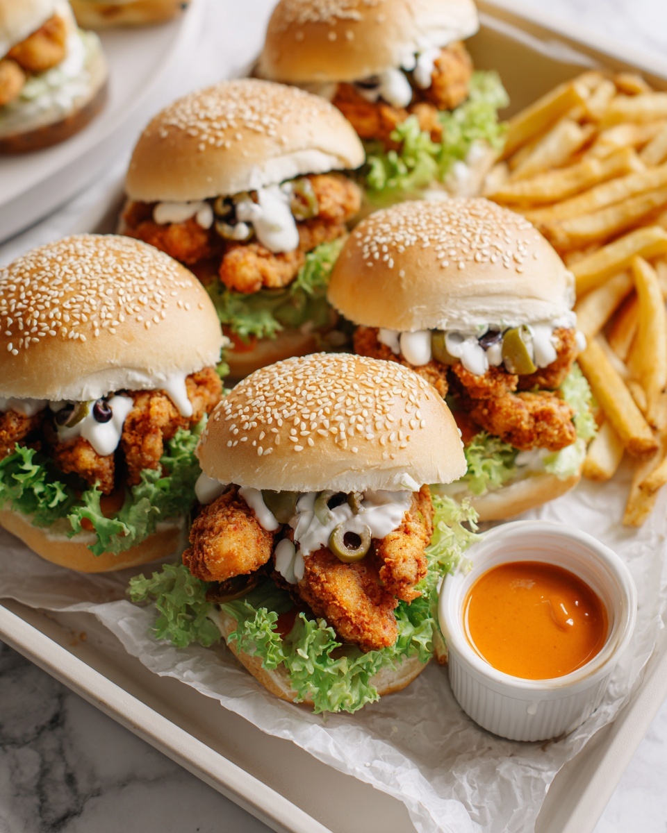 The image shows a tray full of small sandwiches arranged neatly on a white marbled surface. Each sandwich has three main layers: a top light brown bun covered with small seeds, a layer of green leafy lettuce just under the bun, and golden brown fried pieces with a slightly crisp texture. There are small dollops of white sauce and some green pickle slices visible inside the sandwiches. Around the tray, there are crispy, golden fries, and a small white cup filled with a rich red dipping sauce. The tray is lined with white parchment paper. Photo taken with an iphone --ar 4:5 --v 7