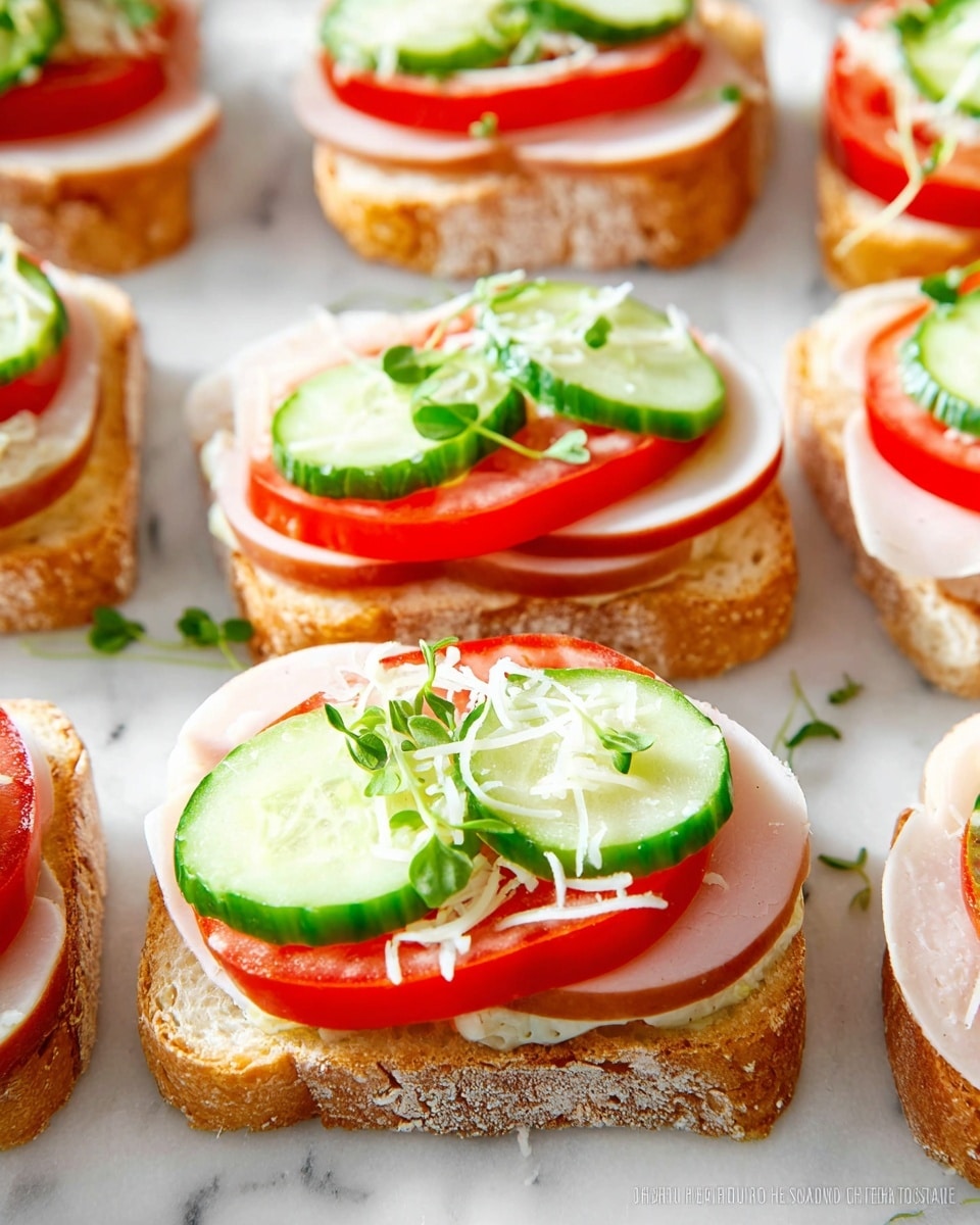 The image shows several small open sandwiches arranged neatly on a white plate set on a white marbled surface. Each sandwich has three layers: the bottom slice is light golden bread, the middle layer is a smooth, light pink slice of deli meat, and the top layer has one slice of red tomato and one slice of cucumber with a dark green skin and pale green inside, both placed side by side. On top of the vegetables, there are thin shreds of white cheese and small pieces of green parsley sprinkled over, adding a fresh look. The sandwiches are placed close together, filling the plate fully. Photo taken with an iphone --ar 4:5 --v 7