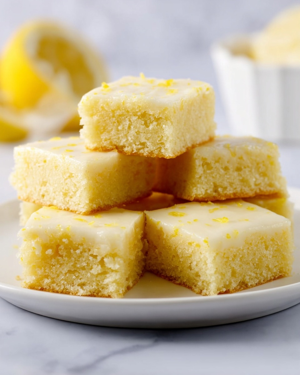 A white plate holds a stack of square pieces of lemon cake with a light yellow color. Each piece has two layers: a soft, crumbly base layer and a smooth, slightly glossy frosting layer on top that is pale yellow with tiny specks, showing a creamy texture. The pieces are neatly arranged so they overlap slightly, and the background shows a white marbled texture with a blurred white bowl and a lemon in the distance. photo taken with an iphone --ar 4:5 --v 7