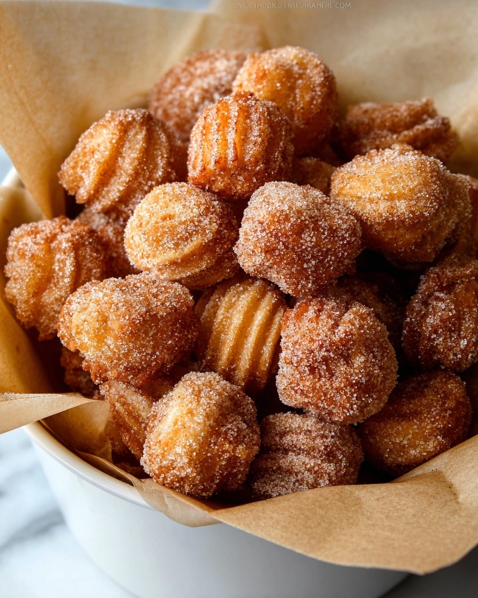 The image shows a white bowl filled with small, round churros that have ridged textures and are coated evenly with cinnamon sugar, giving them a sparkling granular appearance. The churros are piled high, resting on parchment paper inside the bowl, with a white marbled surface below the bowl. The golden brown color of the churros contrasts with the light sugar coating, emphasizing their crunchy texture. photo taken with an iphone --ar 4:5 --v 7