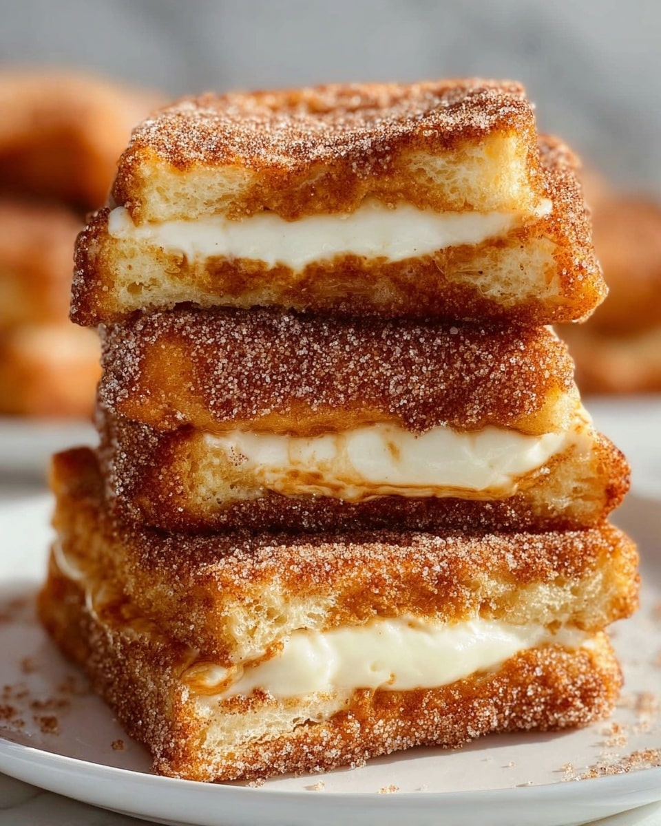 Four rectangular pieces of a dessert are stacked vertically on a white marbled surface. Each piece has a crunchy, golden-brown outer layer coated with cinnamon sugar and a thick, smooth creamy white filling in the middle. Between the crispy layers and the cream, there is a layer of golden caramel sauce oozing out slightly on the sides and dripping onto the surface below. The pieces look soft inside but with a textured, crispy shell outside. Photo taken with an iphone --ar 4:5 --v 7